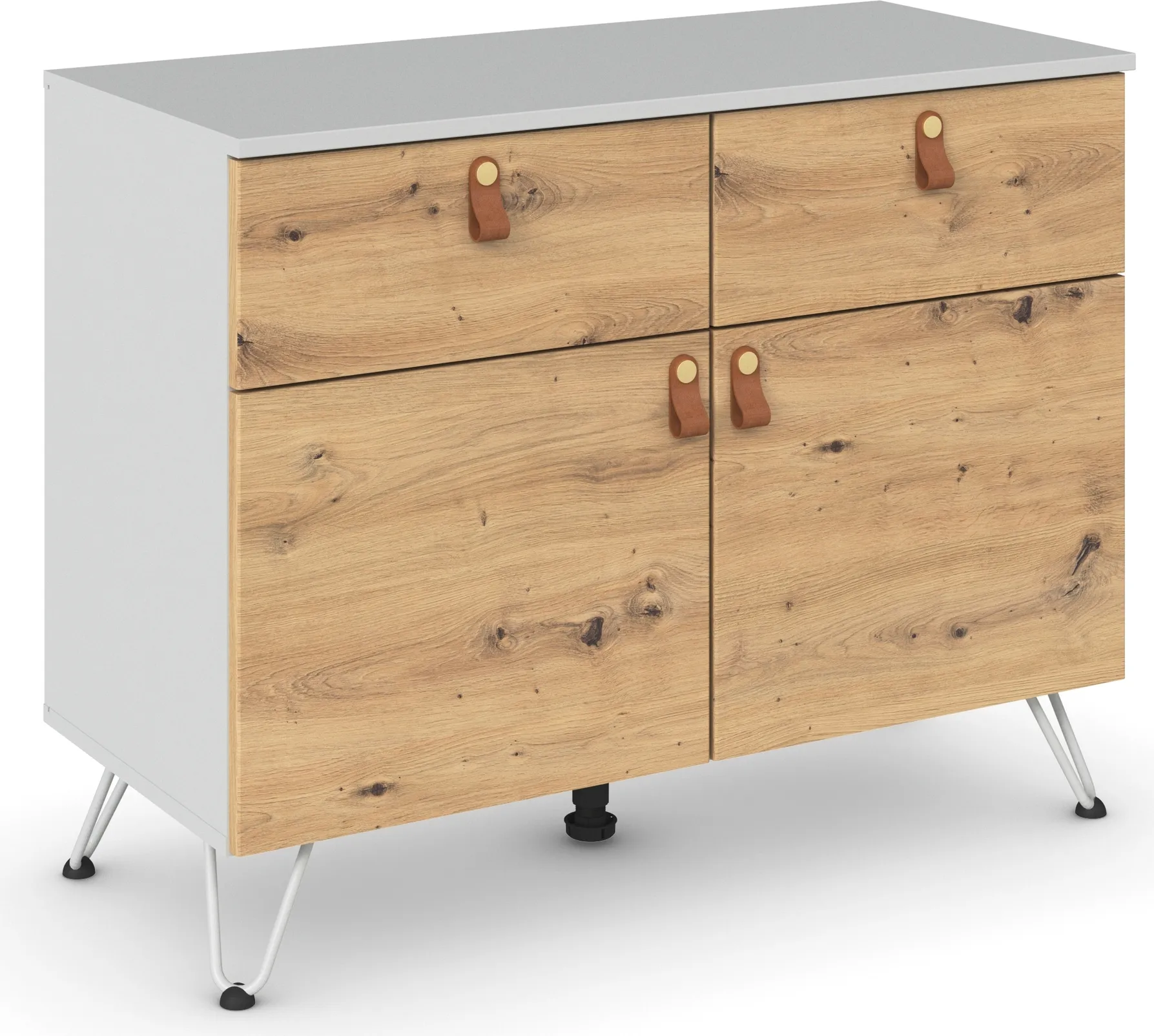 Vertiko RAUCH "Homey by Aditio", grau (seidengrau, eiche artisan), B:93cm H:73cm T:43cm, Holzwerkstoff, Sideboards, mit Grifflaschen in Leder, 2 Schubladen mit Softclose-Funktion