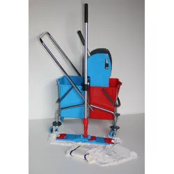 CleanSV® Wischset chrom Laschenmop 50 cm Lamo, Reinigungswagen 2 x 18 Liter Eimer, Presse, Deichsel, 1 Laschenmop Halter Lamo, 3 x Laschenmop Baumwoll