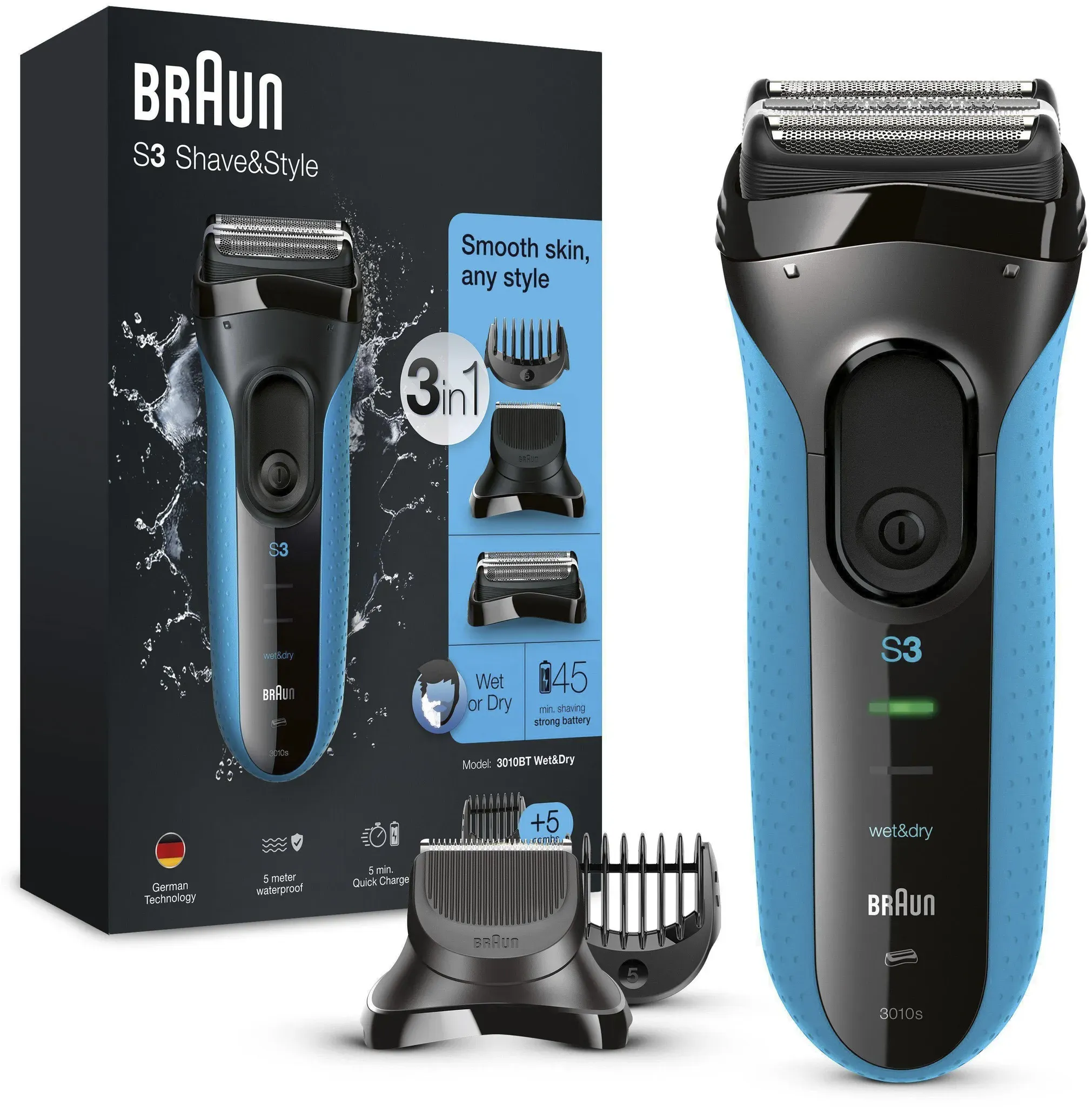 Elektrorasierer BRAUN "Series 3 Shave&Style 3010BT", schwarz (schwarz, blau), Elektrorasierer, Wet&Dry, 30 Minuten Akkulaufzeit