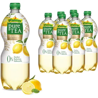 Pfanner Pure Tea Zitrone (6 x 1 l) – zuckerfrei & kalorienarm – grüner Tee mit Zitronensaft – Eistee im Vorratspack