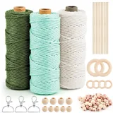 Makramee Garn Set, 3 Stück Makrameegarn Baumwollkordel in Wasserblau, Olivgrün und Beige, Für DIY Basteln, Makramee, Knüpfen, Weben, Boho Dekoration, Geschenkverpackung und Handarbeiten