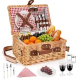 Wicker Picknickkorb für 2 Personen – Picknickkorb-Set mit Isolierfach,komplettem Geschirr & Besteck,Weingläsern,Korkenzieher, perfekt für Strand, Park & Outdoor Hiking, BBQ