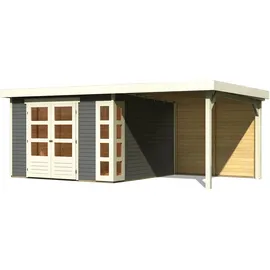 Karibu Gartenhaus Kerko 6 inkl. Rückwand - 19mm-302 x 246 cm- terragrau mit 2,40 m Anbaudach