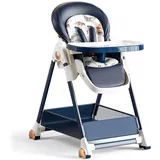 Nine point nine PU-Leder Hochstuhl Baby, Umbaubarer Klappbarer Hochstuhl Baby mit Liegefunktion, Kinderhochstuhl 6 Höhen 3 Liegepositionen, Baby Essen Stuhl Abnehmbaren Doppeltabletts Rädern (Blue)