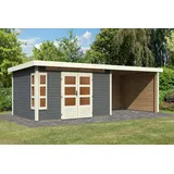 Woodfeeling Karibu Gartenhaus Kastorf 7 mit Fensterecke - inkl. 3,20m Schleppdach,Seiten und Rückwand - 28mm-364 x 244 cm- terragrau 50% Aktions-Rabatt auf Dacheindeckung & gratis Gartenhaus-Pflegebox