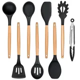 TEAMFAR Küchenhelfer Set, 8 Stück Schwarz Silikon Küchenutensilien Kochbesteck Set mit Holzgriff, Hitzebeständiger Kochutensilien Set zum Kochen, Backen, Leicht zu Reinigen