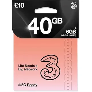 Three Pay as you go SIM-Karte UK – kommt mit 40 GB + Unltd Texten & Mins & ROAM Free in über 70 Zielen – Roaming-Zulassung 6 GB