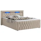 Juskys Boxspringbett Leona 140x200 cm in Beige – mit LEDs, Topper & H4-Federkern-Matratzen