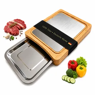 Titan Schneidebrett mit herausziehbarer Auffangschale – 100% Titanium & Edelstahl, BPA-frei, Lebensmittelecht, Antibakteriell – Titan Küchenbrett 33x26cm für Fleisch, Gemüse & Obst – Kein Mikroplastik