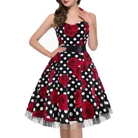 oten Damen Vintage Polka Dot Halfter Kleid 1950er Jahre Floral Sping Retro Rockabilly Cocktail Swing Tee Kleider - L