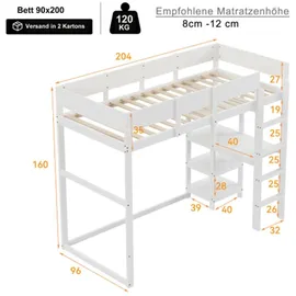 XDOVET Hochbett mit Ablage 90 x 200 cm weiß