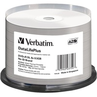 Verbatim DVD-R 8x Double Layer Wide Thermal Printable 8.5GB, DataLifePlus, 50er Pack Spindel, DVD Rohlinge thermal bedruckbar, 8-fache Brenngeschwindigkeit, DVD-R printable, DVD leer