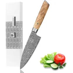 Zayiko Kinone Damast Kleines Chefmesser I 16 cm Klinge Wurzelholzgriff Birke
