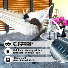 Potenza Outdoor Hängematte mit Gestell für 2 Personen I Baumwolle Doppelhängematte XXL 220x160, 200kg I Hängemattengestell 220kg, wetterfest - Beige