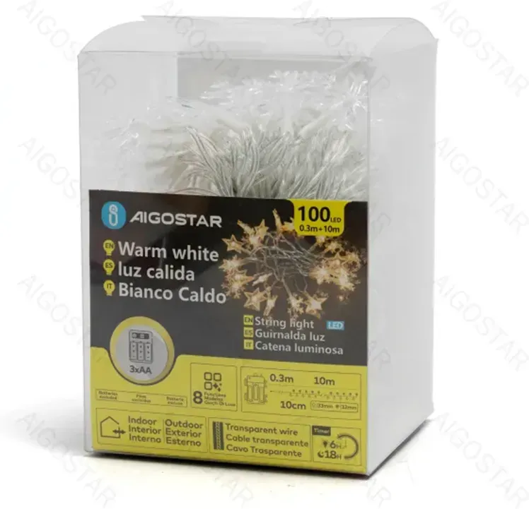 Aigostar Star Snowflake Lichterkette, warmweiß, 2,5 m, 3x AA-Batterien, 200 LEDs, 8 Lichtmodi + Timer + Speicherfunktion