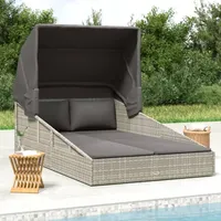 Festnight Sonnenliege 2 Personen mit Dach doppelliege Outdoor gartenliege 2 Personen Rattan gartenliege Rattan Sonnenbett Loungebett Balkon Liege Relaxliege für Garten Balkon Grau 200x114x128 cm