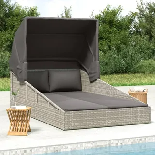 Festnight Sonnenliege 2 Personen mit Dach doppelliege Outdoor gartenliege 2 Personen Rattan gartenliege Rattan Sonnenbett Loungebett Balkon Liege Relaxliege für Garten Balkon Grau 200x114x128 cm