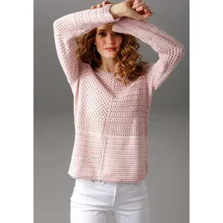 Rundhalspullover ANISTON CASUAL, Damen, Gr. 42, rosa (rosé), Feinstrick, Obermaterial: 100% Baumwolle, unifarben, Ajourstrickmuster, modisch, figurumspielend hüftlang, Rundhals, Langarm Strickkante, Pullover, mit trendig gemixten Ajour-Mustern