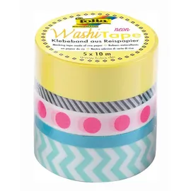 Folia Washi Tape Neon Pink 5 Rollen je 10m Breite 2x15mm 1x10mm 2x5mm
