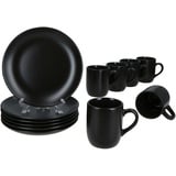 MamboCat 12tlg Frühstücksset Panther Steingut schwarz 6 Personen Teller Kaffeebecher