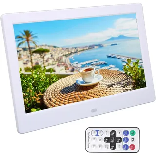 Digitaler Bilderrahmen,10.1 Zoll 1024 x 600 LCD Display Elektronischer Bilderrahmen mit Fernbedienung,Einstellbare Anzeigegeschwindigkeit,unterstützt Musik- und Videoplayer, Wecker, Kalender (Weiß)