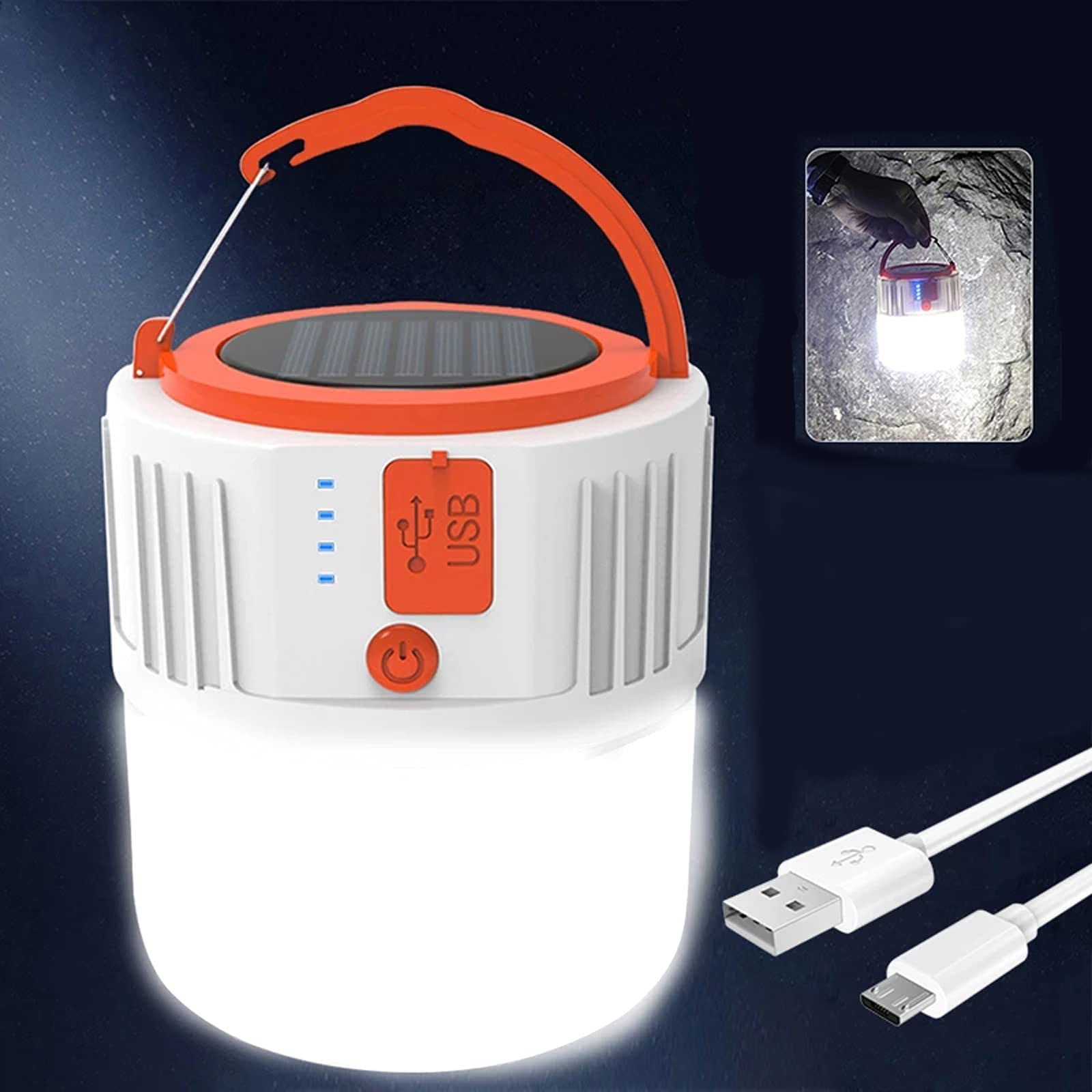 LED Camping Lantern,VGE Solar & USB chargeable 2 in 1 Camping Light,Four Level Power Display, 5 Lighting Modes, IP65 Waterproof, USB Emergency Equipment Charging for Hurricane Emergency -Weiß