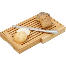 Relaxdays Brotschneidebrett, mit Messer aus Edelstahl, Krümelrost, Bambus, HBT, Holzfarbe/Silber, Hellbraun