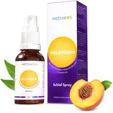 Mediakos® Melatonin Einschlafspray mit Ashwagandha (50ml) - Hochdosiertes Melatonin Spray mit Passionsblume & Vitamin B6 - Schlafspray für direkte & kontaktlose Anwendung - Pfirsich-Geschmack