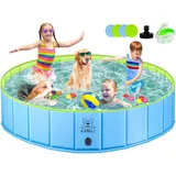 KHOLEZ Hundepool, 120 x 30CM Hundebadewanne für Große Kleine Hunde, Faltbarer Hund Planschbecken für Kinder, Tragbar Swimmingpool Schwimmbecken rutschfest mit Badebürste Ablassventil PVC-Aufnäher x 4