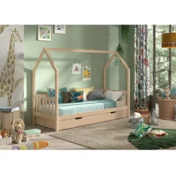 CABANE Hausbett 90x200 cm, seitlicher Umrandung, Bettschublade, Kiefer massiv natur