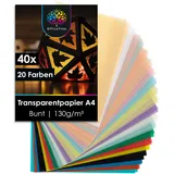 OfficeTree 40x Transparentpapier Bunt A4 – 20 Farben - 130 g/m2 - Pergamentpapier Bunt inkl. Gold & Silber - Buntes Transparentpapier zum Basteln von Laternen