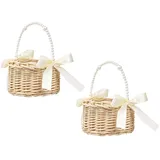 2 Stück Wicker Rattan Blumenmädchen Korb Blumenkorb mit henkel und Schleife Blumenkörbe Geflochtener Korb für Die Hochzeit Blumen (Farbband A)