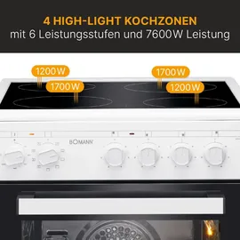 Bomann Bomann® Backofen 50cm mit Herd | Elektroherd freistehend 50 cm mit 4 Kochplatten | Standherd mit Ofen 43L | Ober-/Unterhitze | 40°C-240°C | inkl... - Weiß