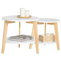 SoBuy FBT75-W Beistelltisch mit runden Ablagen Couchtisch Sofatisch Kaffeetisch Wohnzimmertisch Kautschukholz Weiß/Natur