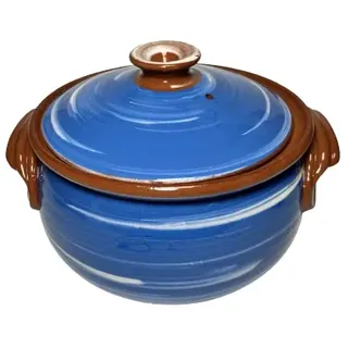 etara Wein&Feinkost Kollektion/Tontopf, Bräter, Schmortopf mit Deckel, Güvec, Brottopf, Joghurttopf, Keramik, bulgarische Tradition, hochwertige Handarbeit (Blau - Weiß, 3 Liter)