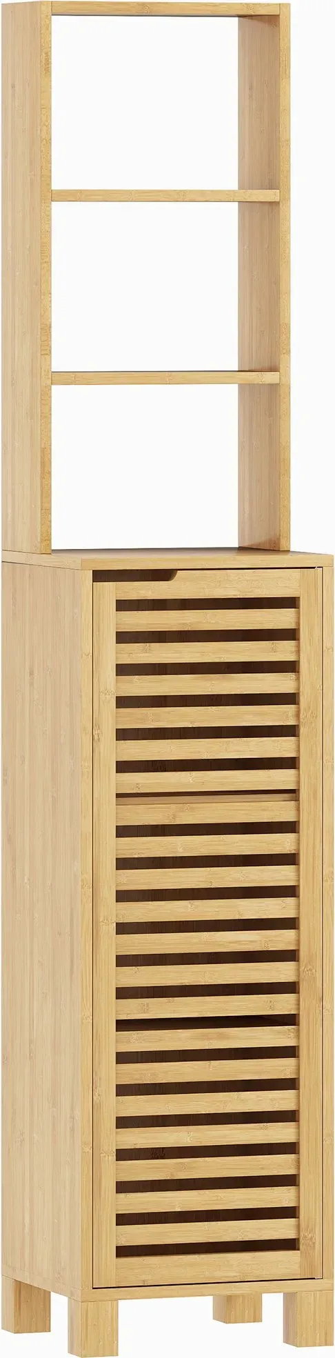 HOMCOM Badezimmerschrank schmal, Hochschrank Toilettenschrank mit 3 offenen Regalen, verstellbaren Regalen, Lamellentür, Badschrank aus Bambus für Badezimmer, Wohnzimmer 34 x 30 x 170 cm, Natur   Aosom