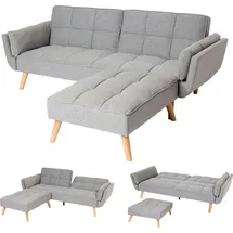Mendler Schlafsofa HWC-K18 mit Ottomane, Couch Sofa Gästebett, Schlaffunktion 218x175cm Stoff/Textil hellgrau ~ Grau