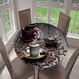 Morbuy Rund Tischdecke Elastisch, Kaffee Drucken Rund Tischdecken Wasserdicht Lotuseffekt Abwaschbar Abwischbar Tischtuch für Dekoration Küchentisch Garten Outdoor (Durchmesser 90cm,Schokolade)