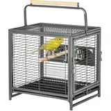 PawHut Vogeltransportkäfig aus Stahl für Papageien, Vogelkäfig mit 2 Edelstahlnäpfen, 2 Holzsitzstangen, herausnehmbarer unterer Schale, für Nymphensittiche, Sittiche, Graupapageien, schwarz   Aosom
