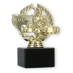 Pokal Kunststofffigur Go-Kart im Kranz gold auf schwarzem Marmorsockel 13,5cm