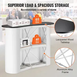 Vevor Tragbare Messetheke Messetresen, 1300 x 465 x 950 mm Messestand Ausstellungs-Thekenständer, Faltbarer Promotion-Einzelhandels-Bartisch, Pop-Up-Podium mit Aufbewahrungsregal, Tragetasche