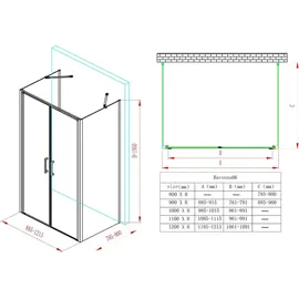 mai & mai Ravenna66UK Duschkabine U-Form 100 x 90 cm 100 cm x 195 cm transparent Klarglas