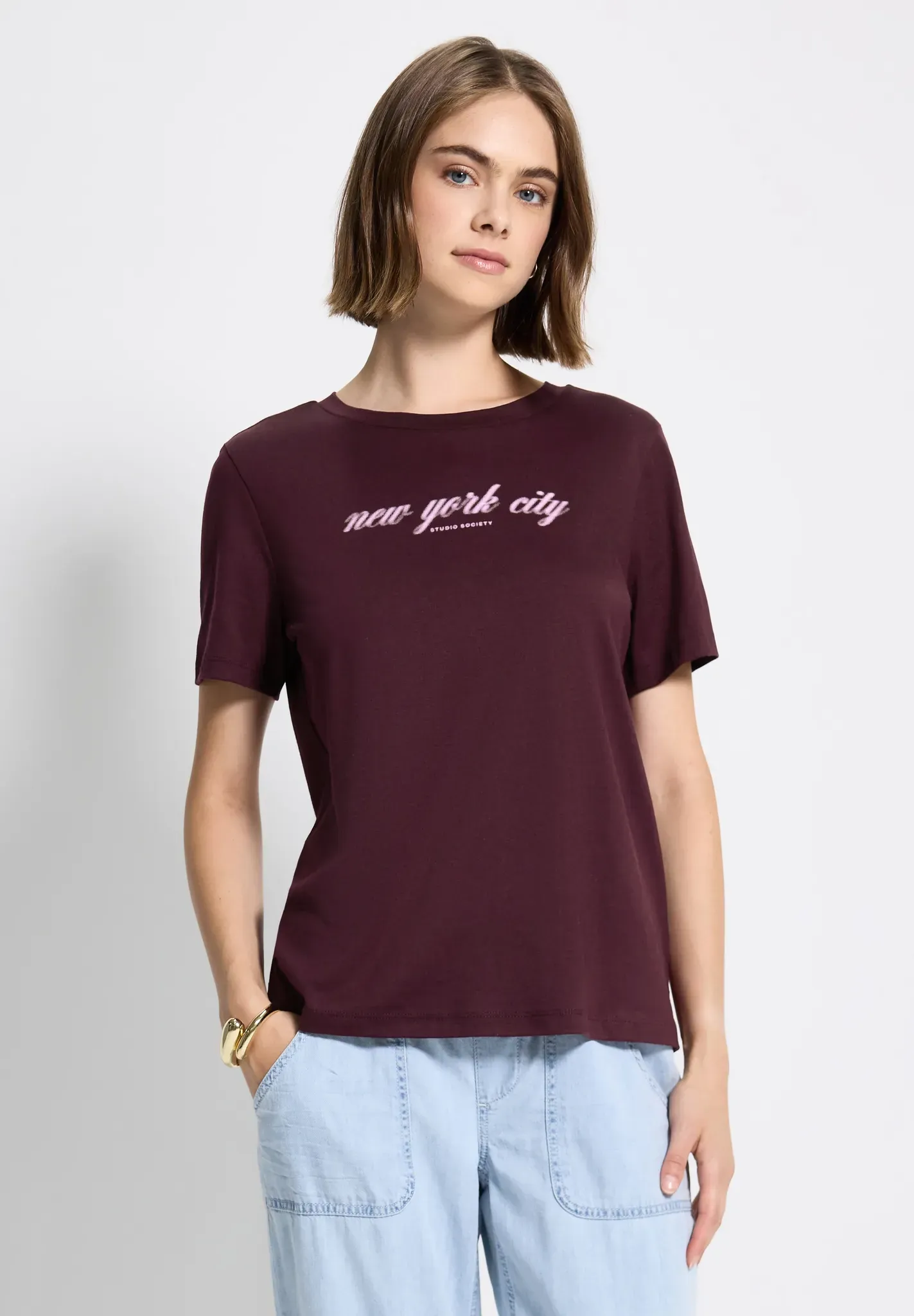 Print-Shirt STREET ONE STUDIO, Damen, Gr. 42, rot (schwarz plum rot), Web, 50% Baumwolle, 50% Modal, unifarben, normal normal, Rundhals, abgesteppt, Shirts, im soften Baumwoll-Mix