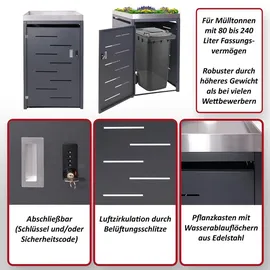 MCW 1er-Mülltonnenverkleidung MCW-H40, Mülltonnenbox, Pflanzkasten Edelstahl-Metall-Kombi 35kg 125x69x84cm erweiterbar