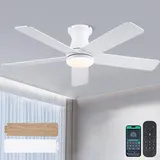 Kviflon 117CM Flachbau-Deckenventilator mit LED-Beleuchtung und Fernbedienung, dimmbare LED, 6 Geschwindigkeiten, Moderner Einbau-Deckenventilator für Schlafzimmer und Küche