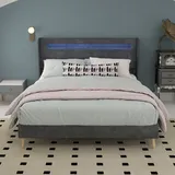 Modern Minimalist Upholstered Bed With Soft Led-integrated Headboard, 140x200 Cm, Grey, Multifunctional Bedroom Furniture, Low-profile Non-storage Base (without Gas Lift), Mattress Not Included.