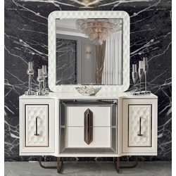 Casa Padrino Luxus Art Deco Schlafzimmer Set Weiß / Bronze - 1 Luxus Art Deco Schminkkommode & 1 Luxus Art Deco Spiegel - Art Deco Schlafzimmer Möbel - Luxus Schlafzimmer Möbel