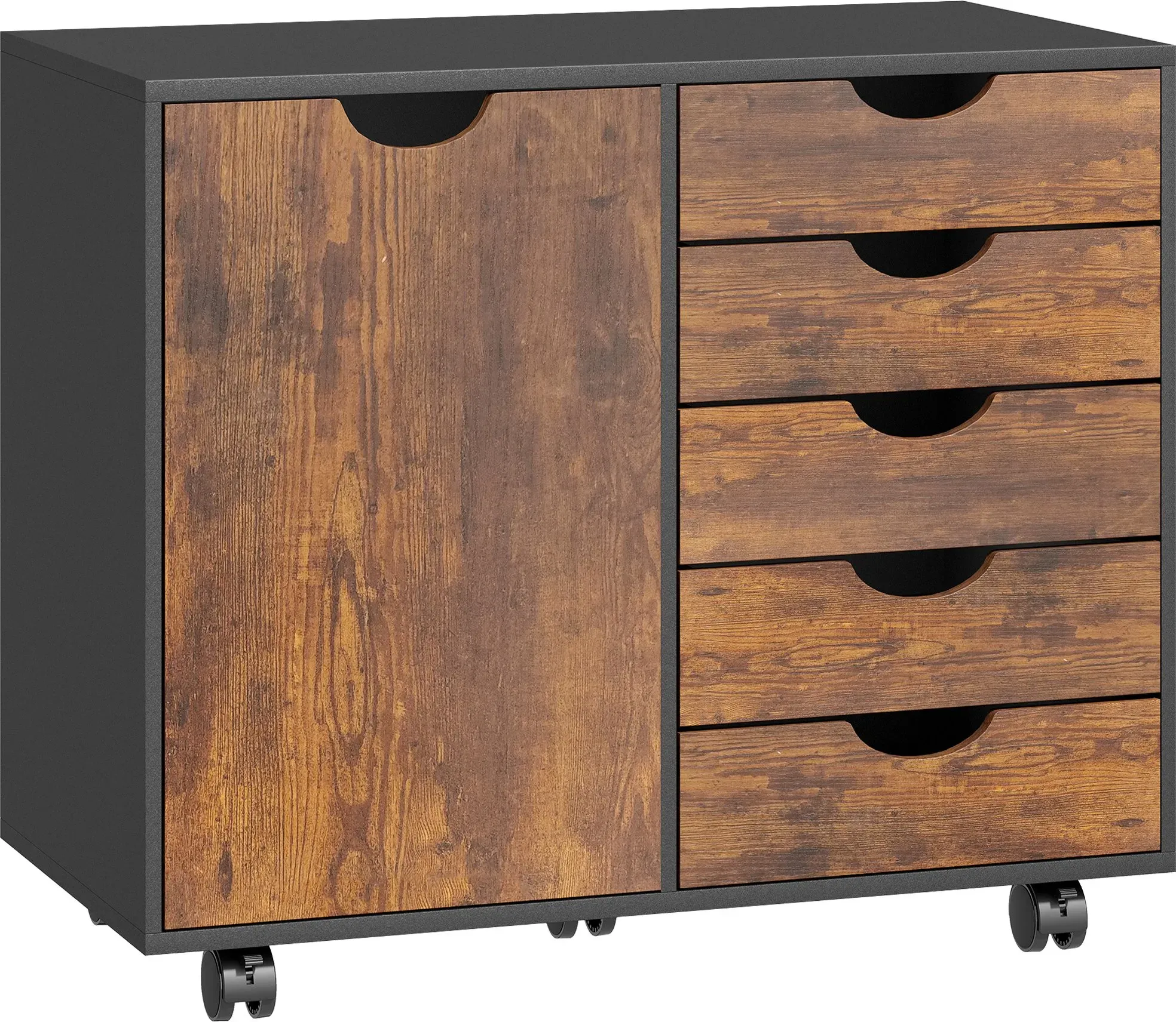 HOMCOM Rollcontainer mit 5 Schubladen und 1 Tür, verstellbares Fach, Aufbewahrungsmöbel für Büro, Rollcontainer auf Rollen, für Dokumente und Schreibwaren, 78 x 40 x 66,5 cm, rustikalbraun   Aosom