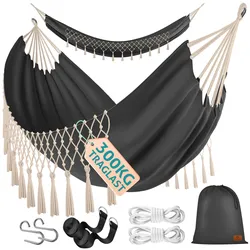 KESSER® Hängematte 320x150 cm belastbar bis 300 kg, wetterfeste & atmungsaktive Tuchhängematte mit Fransen für 1-2 Personen – Ideal für Camping, Garten & Outdoor, inkl. Beutel, Seile & Gurte