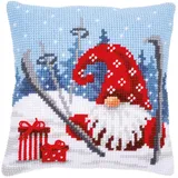Vervaco Kreuzstich Stickpackungen Kissen Stickerei Set Anfänger Vorgedruckt Weihnachtsgnom auf Ski DIY Set Kreativ Set Für Erwachseneca. 40 x 40 cm Bastelset Handwerker Haus Dekoration